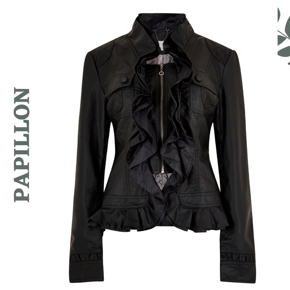 Papillon Faux Leather Ruffle Jacket Black Medium